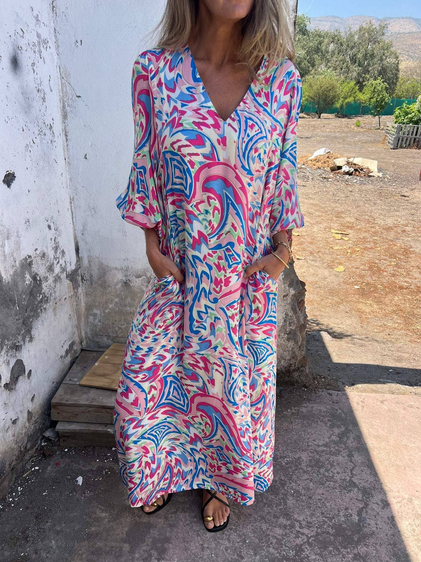 Rosa Clothing V-Neck Abstract Prints & Pockets Maxi Dress