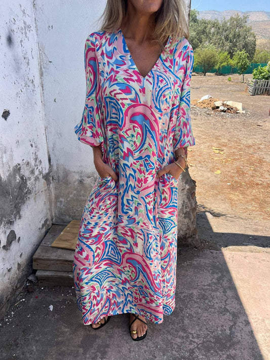 Rosa Clothing V-Neck Abstract Prints & Pockets Maxi Dress