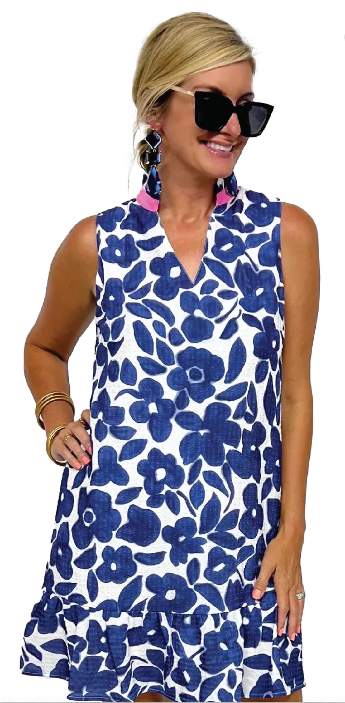1 the Woman Floral Sleeveless Colorblock Notched V Neck Mini Dress