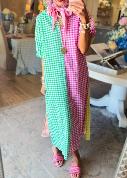 Rosa Clothing Colorblock Gingham Plaid Shirt Dress