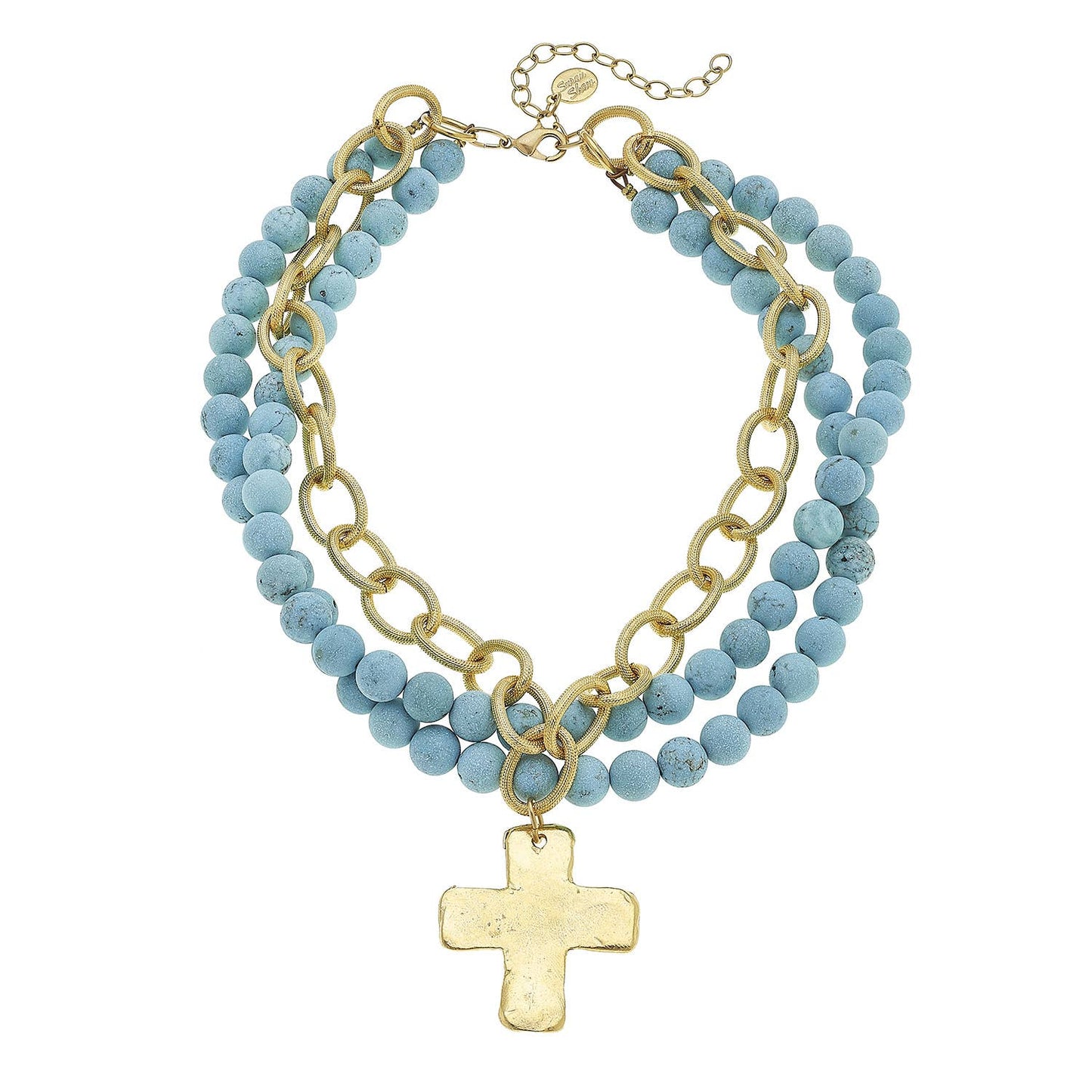 Susan Shaw Gold Cross on 3 Row Genuine Matte Turquoise Necklace